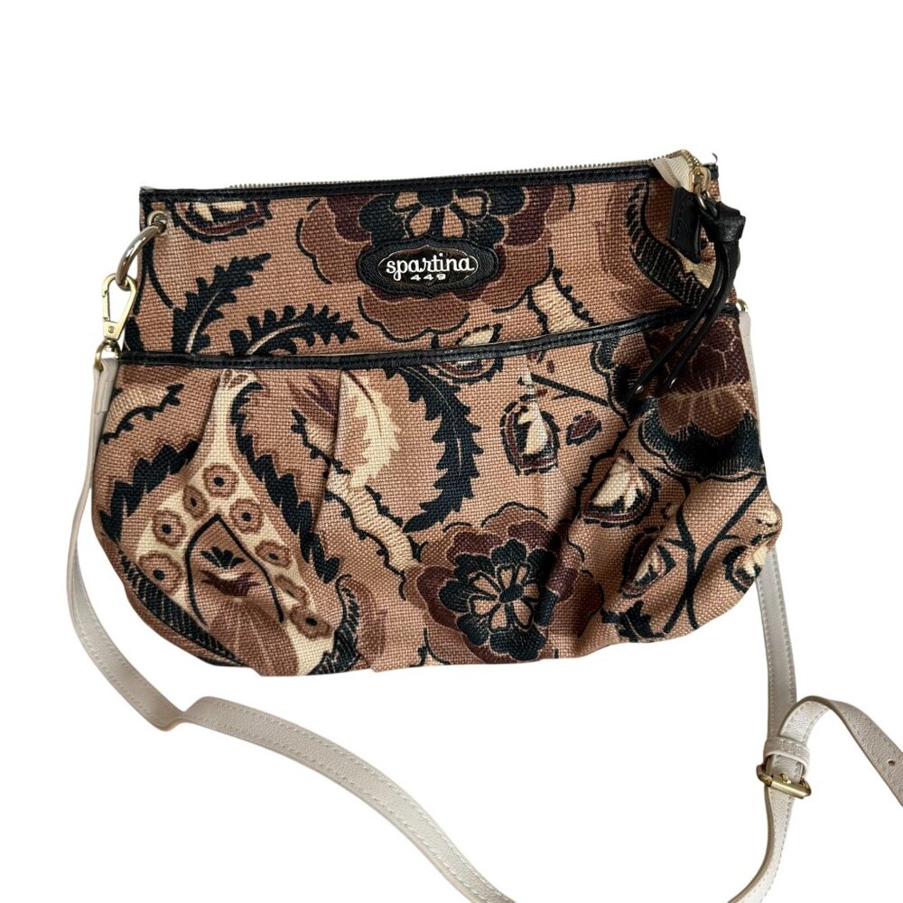 Spartina 449 Floral Leather & Linen Crossbody Bag Beige Black White Adjustable